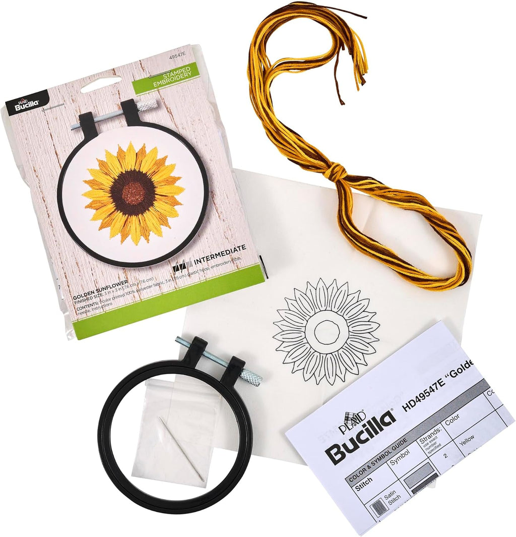 Bucilla, Stamped Embroidery Kit, Golden Sunflower, Includes 3" Hoop