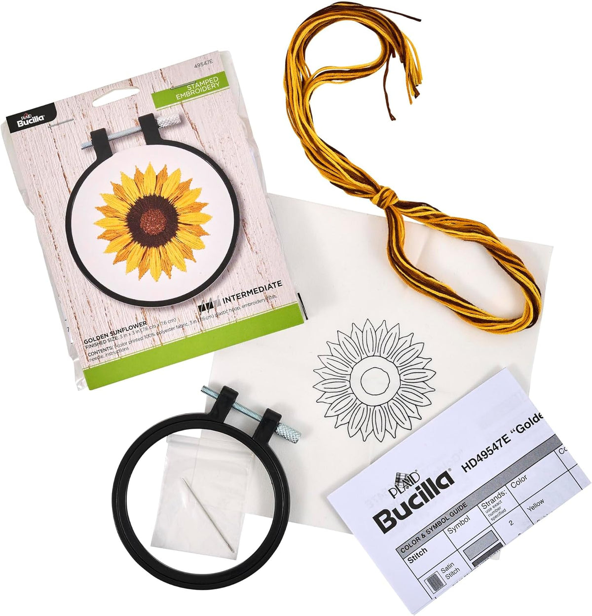 Bucilla, Stamped Embroidery Kit, Golden Sunflower, Includes 3" Hoop