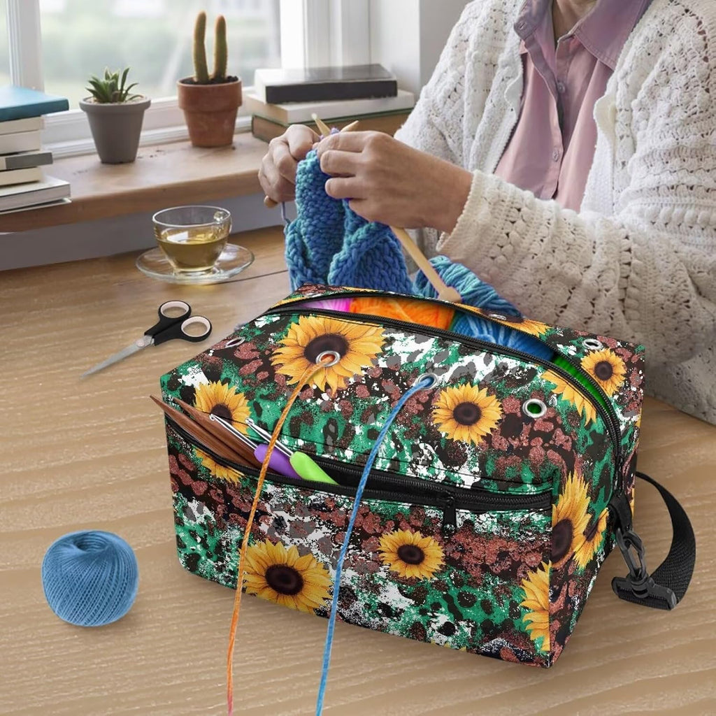 Fuxowvby Sunflower Yarn Storage Organizer Leopard Print Crochet Bag