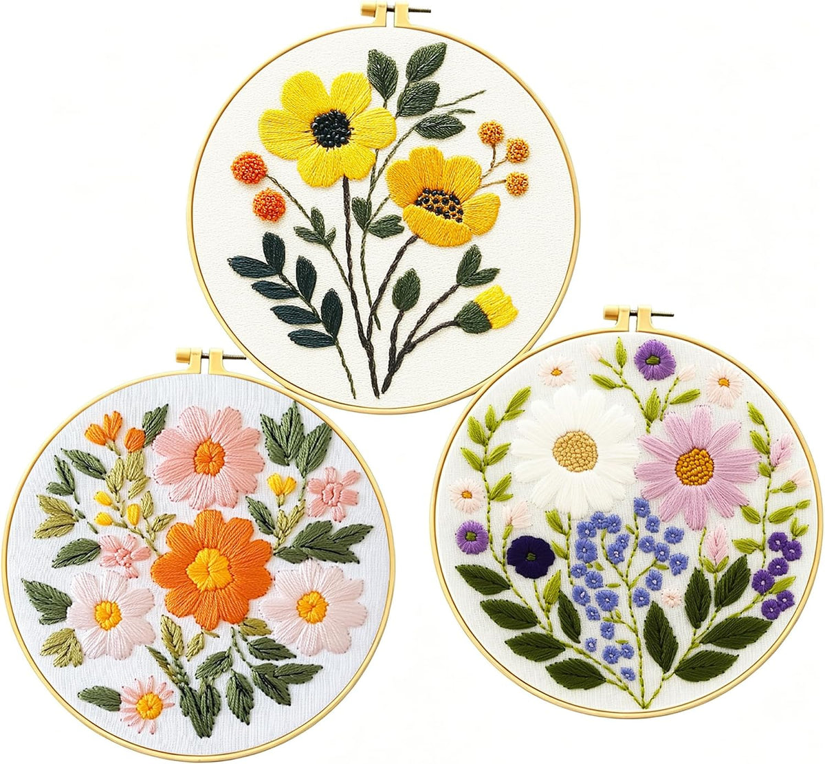 Zhenqing Floral Embroidery Kit for Beginners, 3 Patterns, 7.8in Hoop