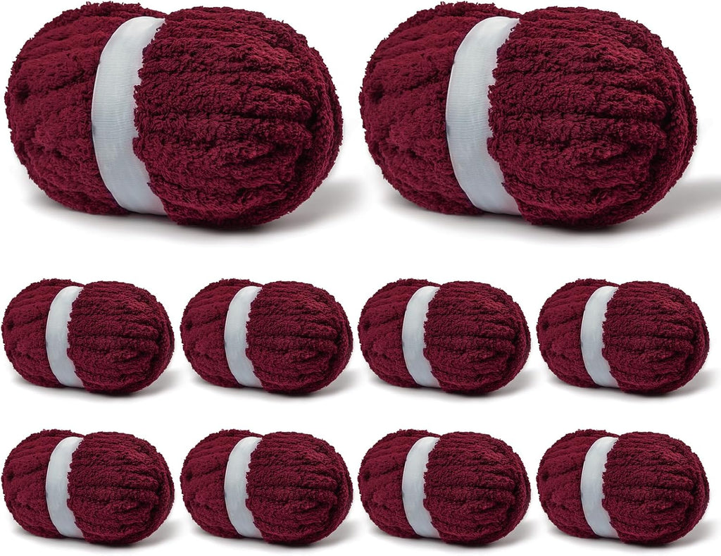 10 Pack Burgundy Fuzzy Chunky Yarn for Hand Knitting, Bulky Thick