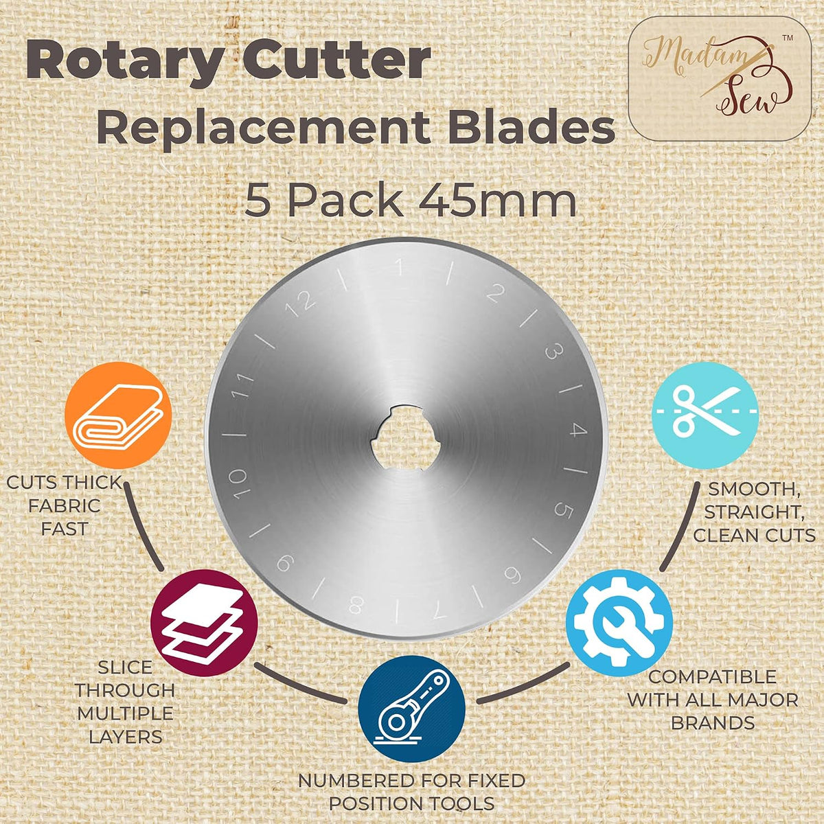 Madam Sew 45mm Rotary Cutter and Blades Bundle