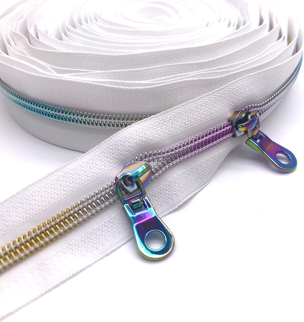 Hywei #5 Nylon Zipper Tape White 10 Yards Rainbow Teeth & 15pcs Zipper