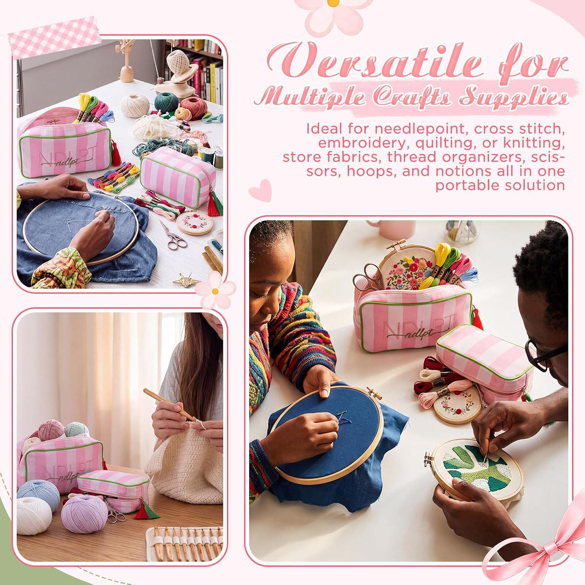 2 Pcs Needlepoint Project Bag NDLPT Zip Pouch Craft Organizer, Pink