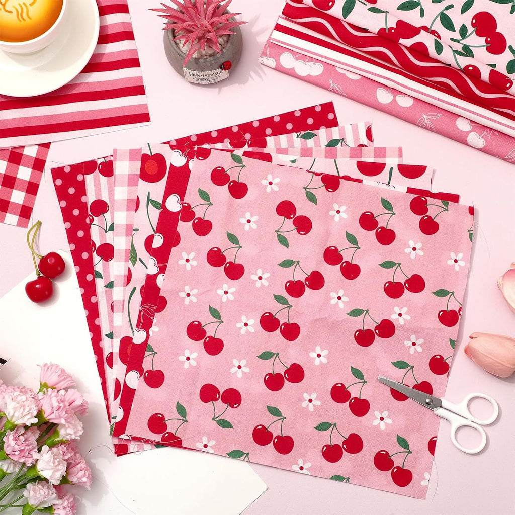 Whaline 12Pcs Cherry Fabric Squares Cherry Flower Stripe Plaid Dot