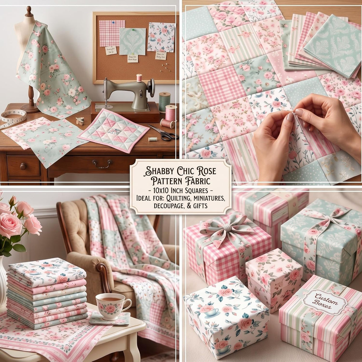 HunnmingRe 20 Pcs 10''x10'' Pink and Green Floral Quilting Fabric