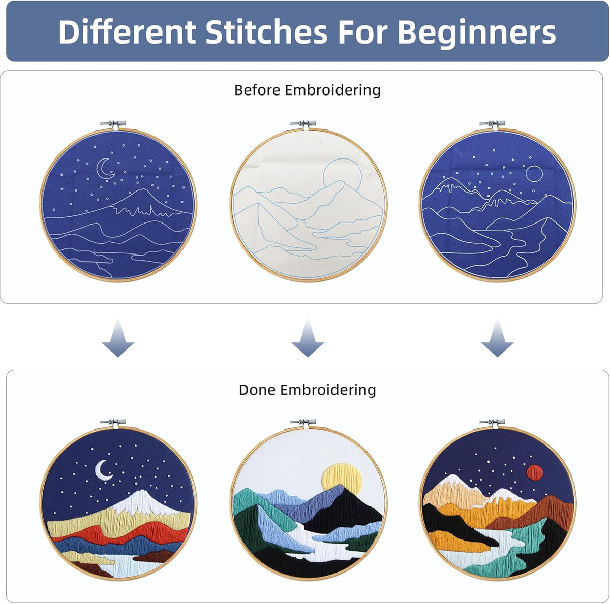 KEKEMEOW 3 Sets Embroidery Kit for Beginners, Stitches with Landscape