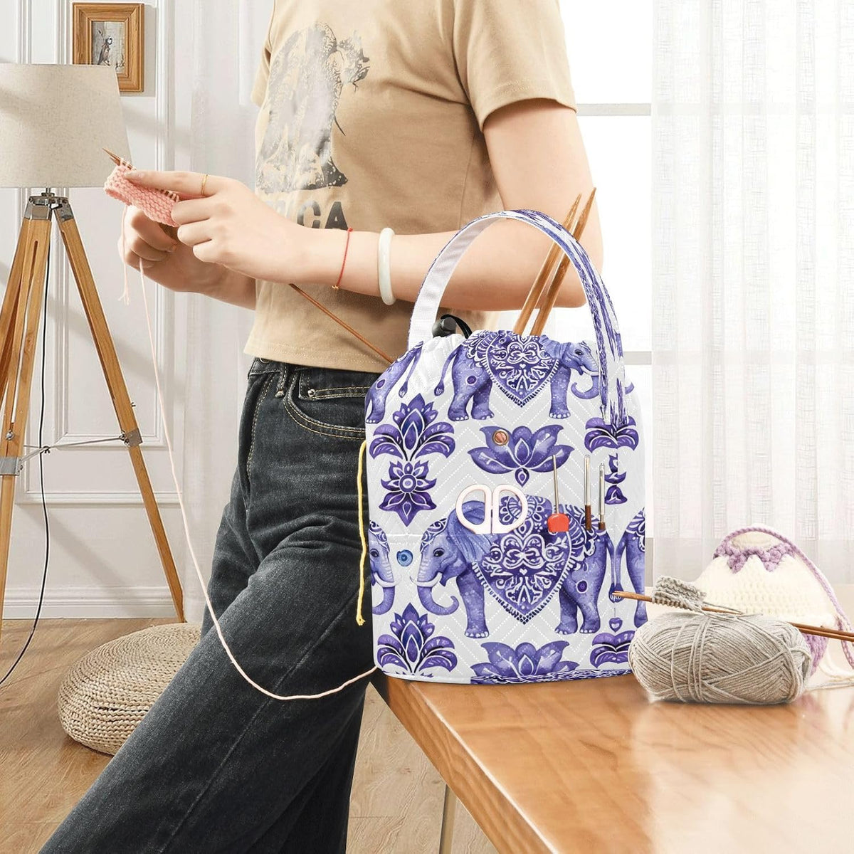 YETTASBIN Elephant Yarn Storage Bag, Large Crochet Knitting Bag