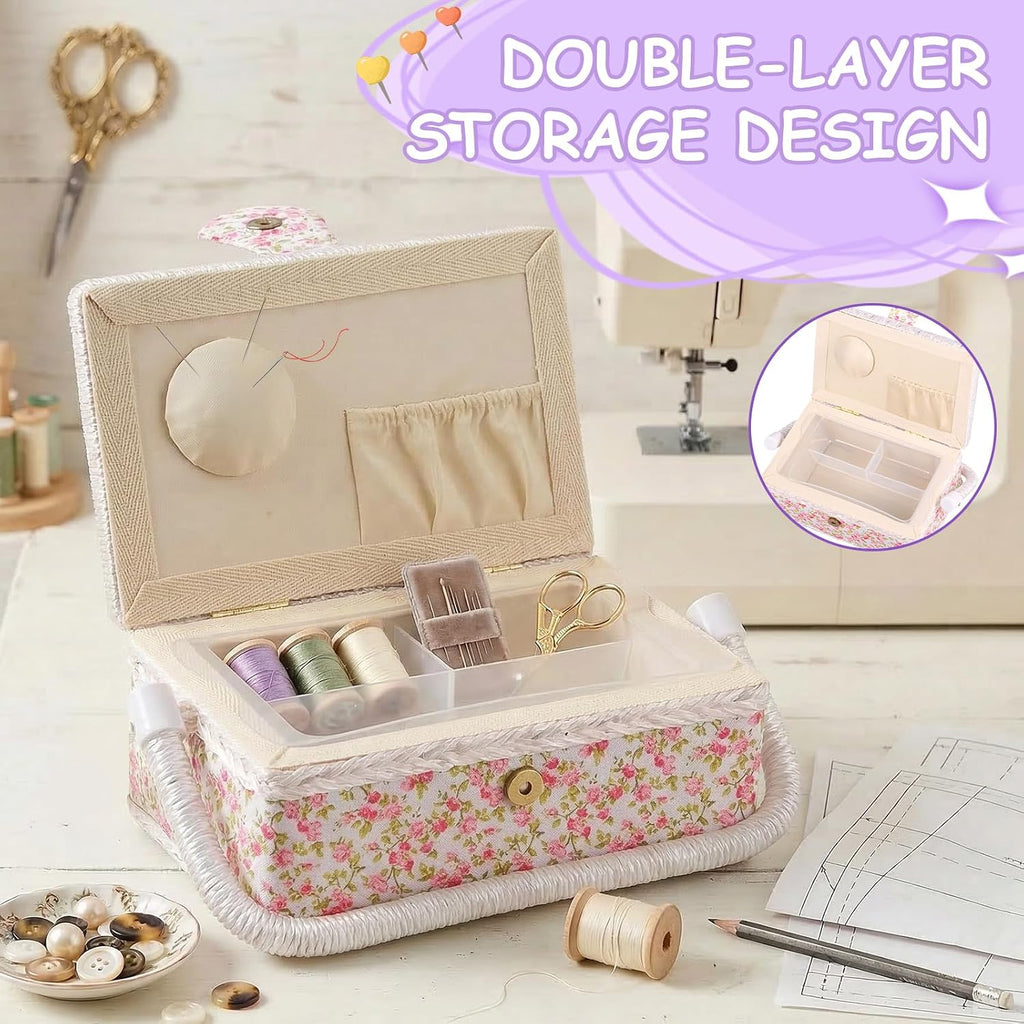Vintage Floral Sewing Basket with Organizer Tray, Portable Sewing