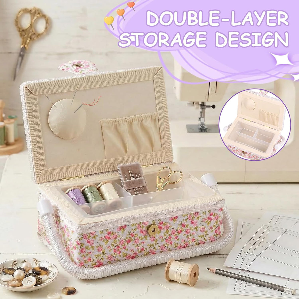 Vintage Floral Sewing Basket with Organizer Tray, Portable Sewing