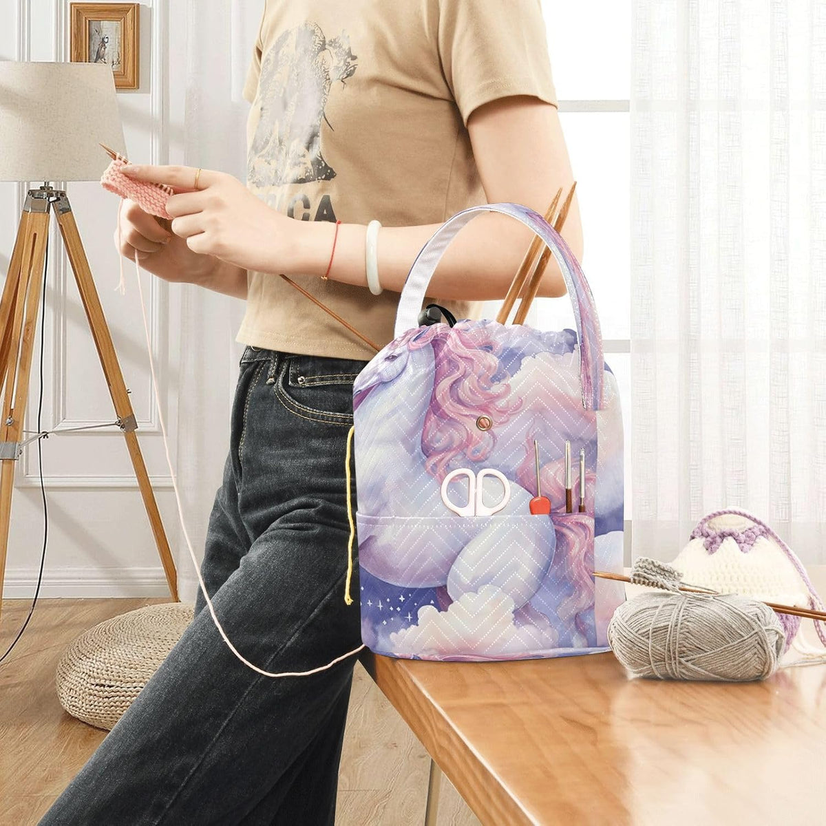 YETTASBIN Unicorn Yarn Storage Bag, Large Crochet Knitting Bag