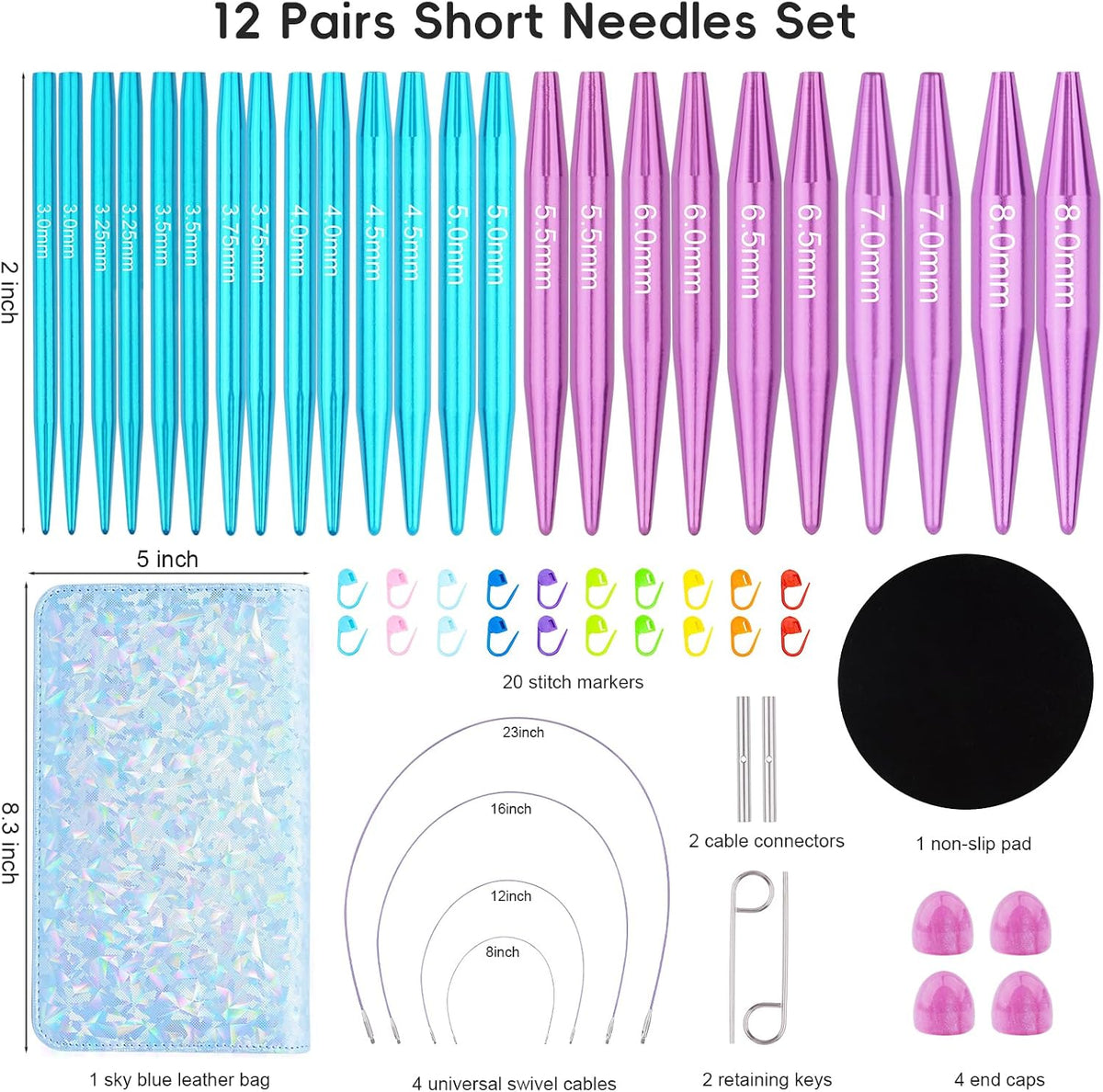 Hobekoee 2-Inch Short Interchangeable Circular Knitting Needles Set