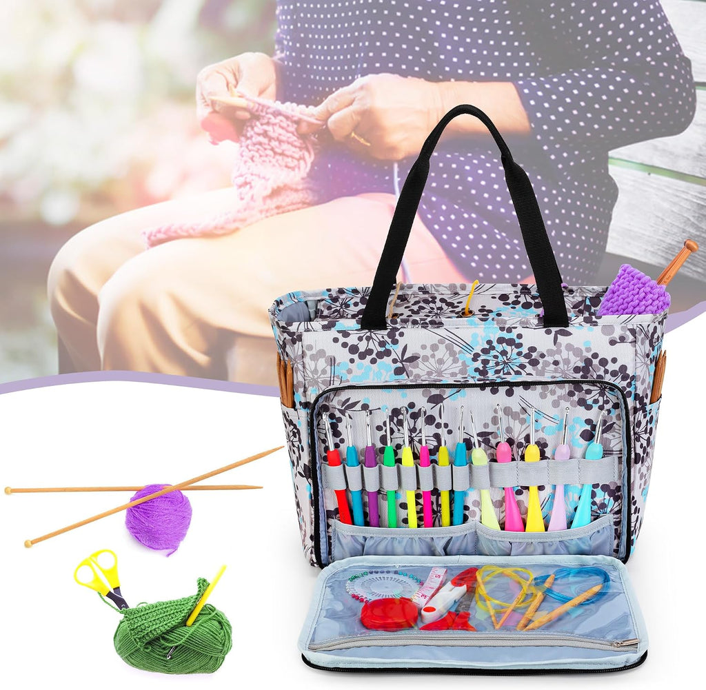 CURMIO Knitting Tote, Yarn Storage Bag with Multiple Pockets