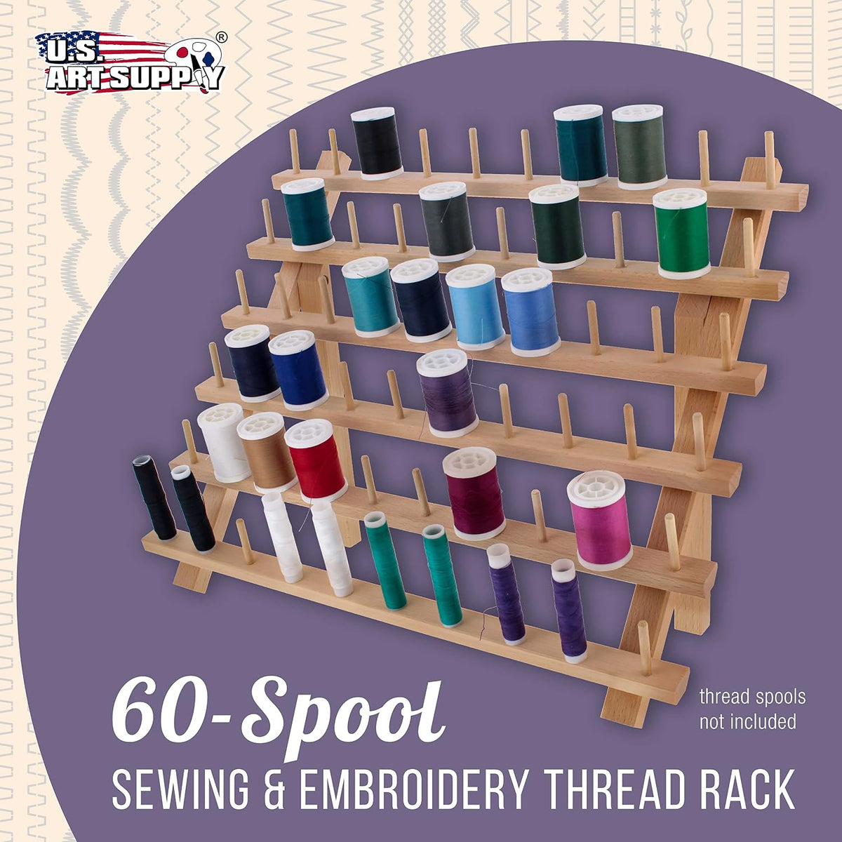 US Art Supply Premium 60-Spool Thread Holder: Wooden Sewing &