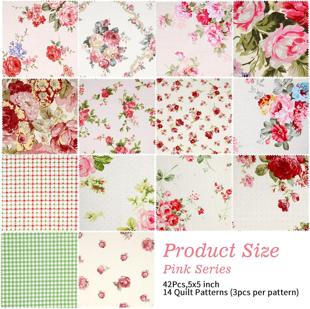 42Pcs Pink Charm Packs for Quilting, 100% Cotton Fabric Squares 5 x