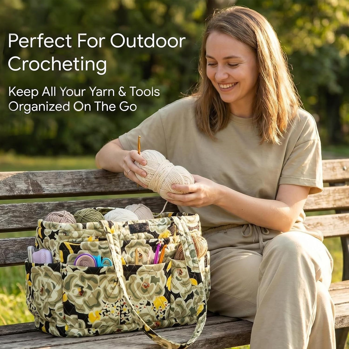 Knitting Quilted Tote Bag w/6 Pockets, Multifunctional Yarn Organizer