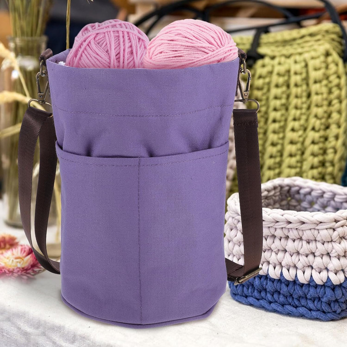 Canvas Crochet and Knitting Organizer Bag, Cylindrical Yarn Storage