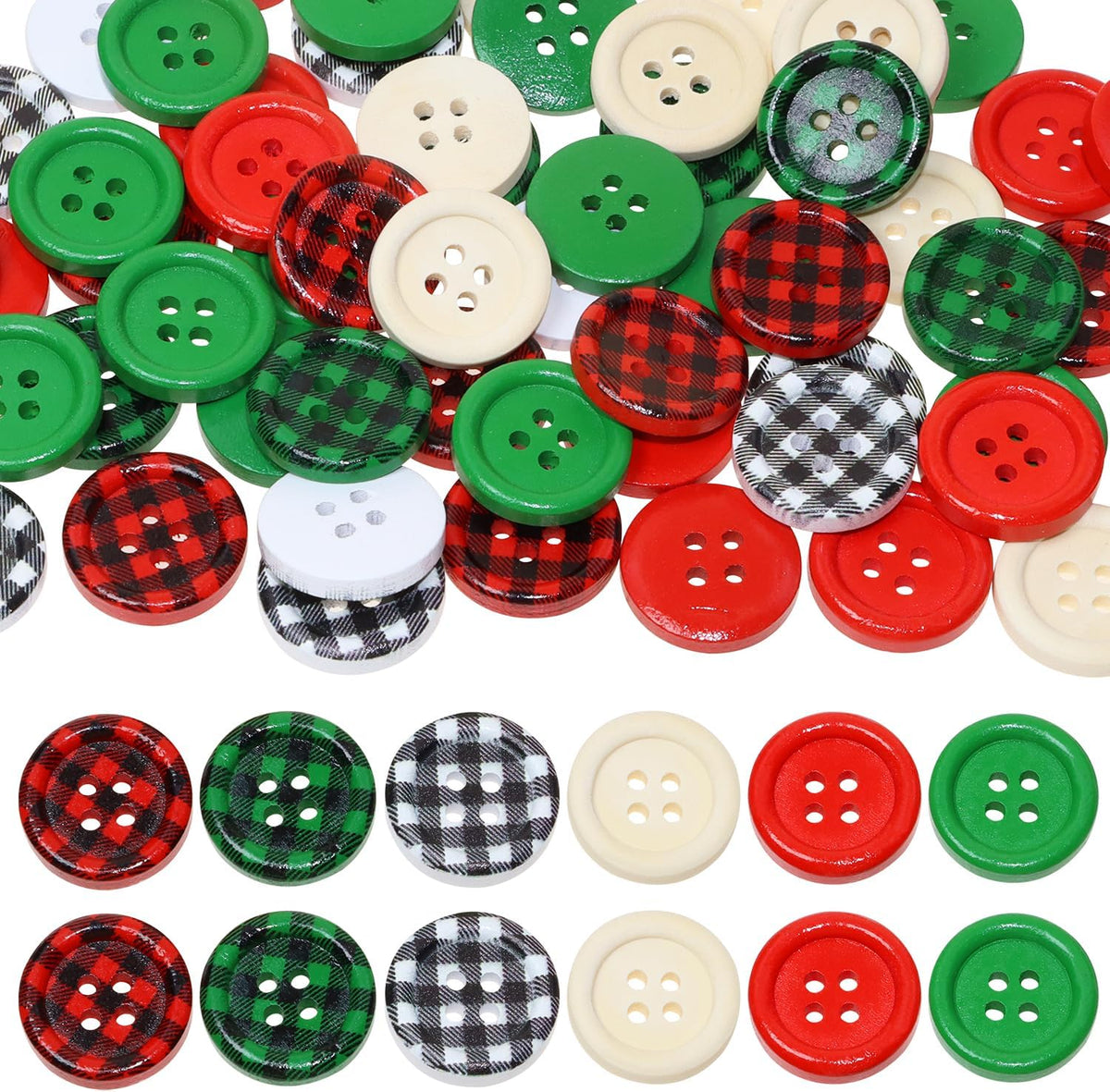 Christmas Wooden Buttons 60Pcs 4 Holes Buffalo Plaid Red Green White
