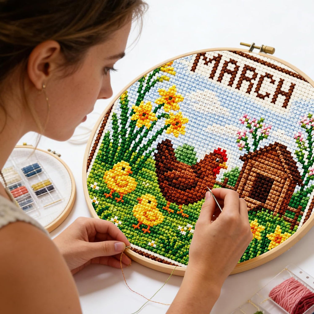 Stamped Cross Stitch Kit for Adults Chicks 14CT 40x40cm