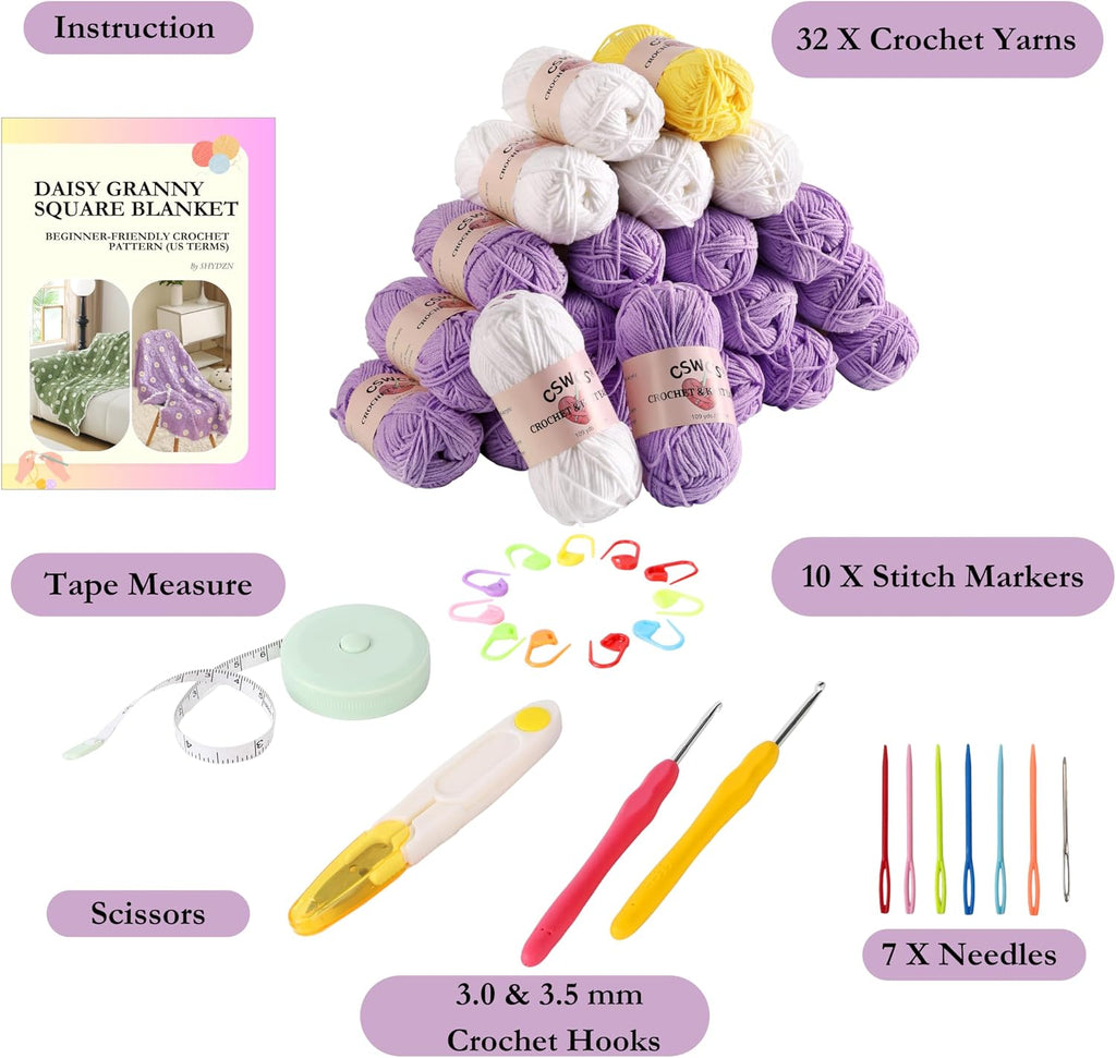 CSWCS Crochet Blanket Kit for Beginner, Purple Daisy Granny Square