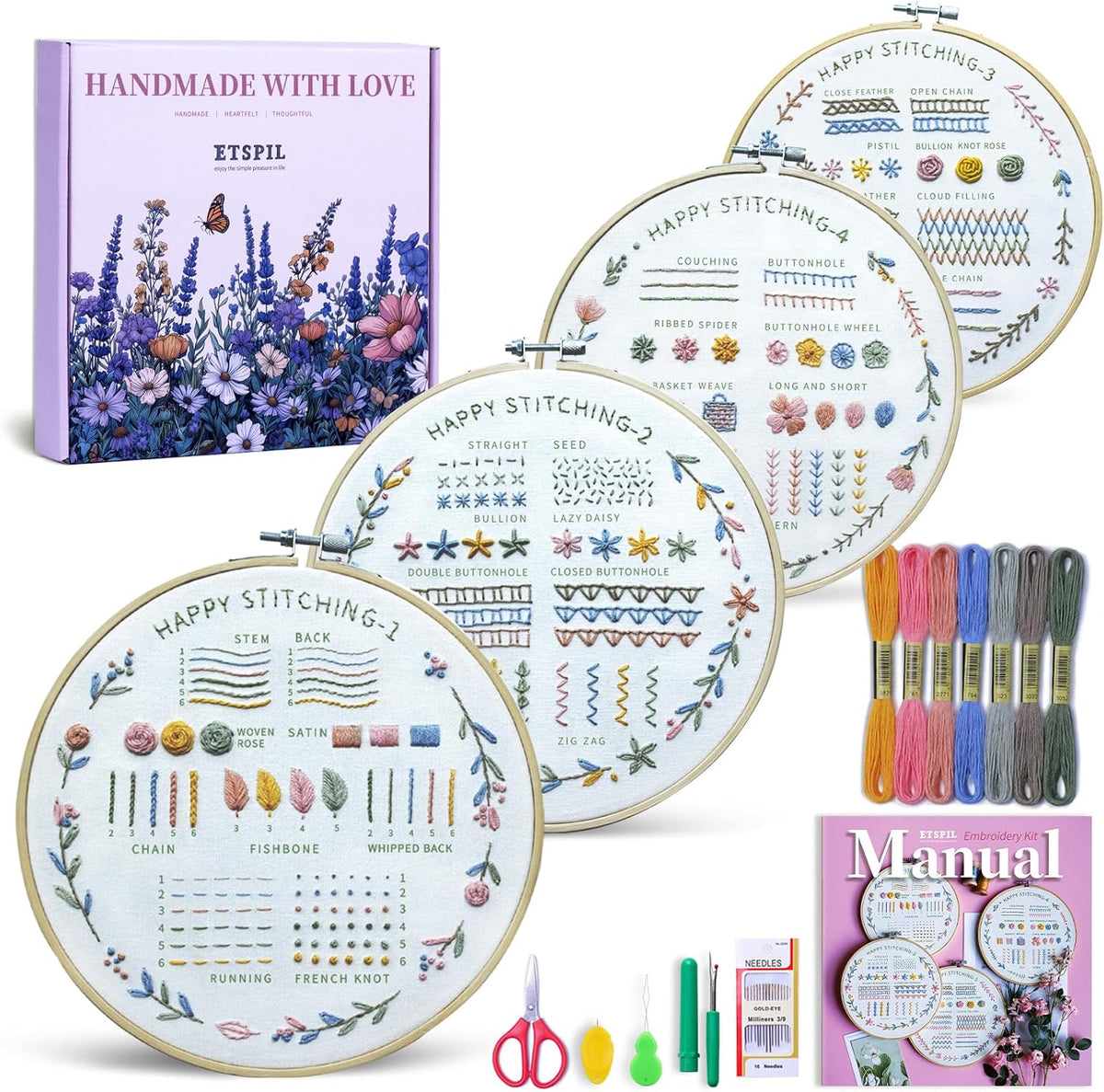 ETSPIL Beginner Embroidery Kit, 4K Video, 4 Floral Patterns, Gift Box