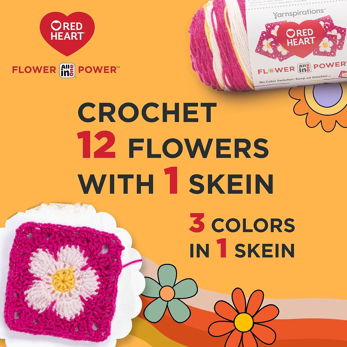 Red Heart All in One Flower Power Crochet Yarn, Dried Bouquet, 3-Pack