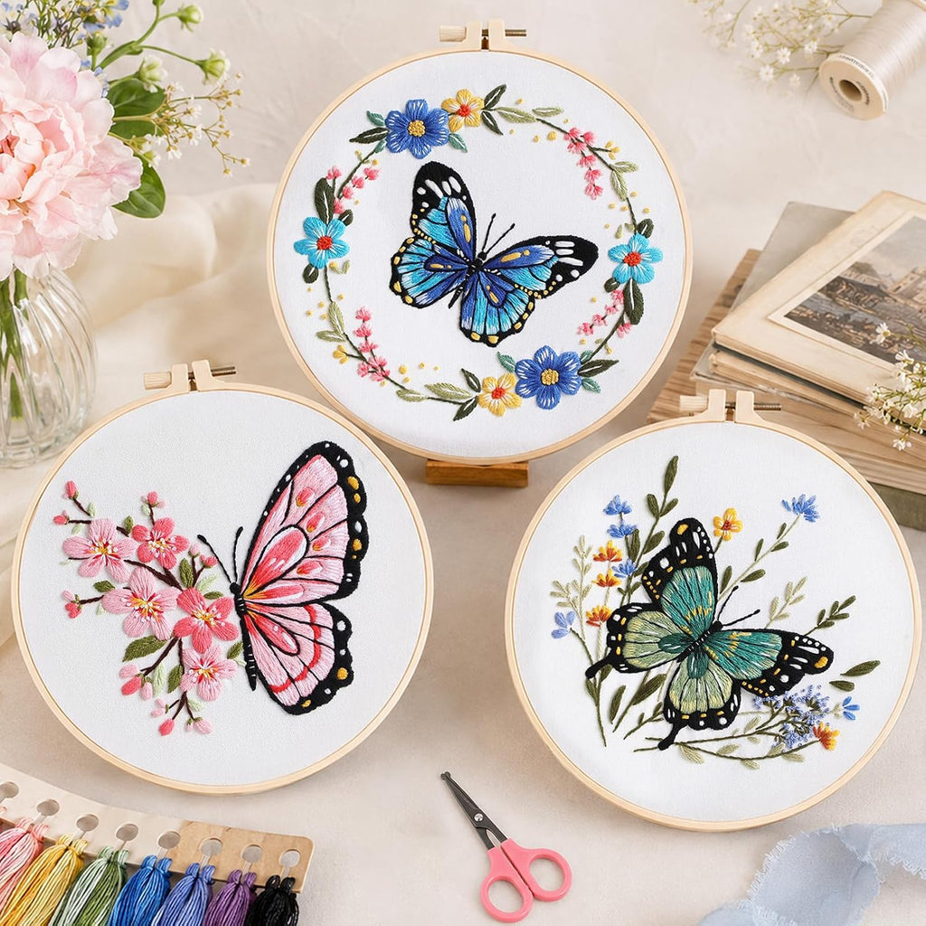 Meyocky Butterfly Flower Embroidery Kit for Beginners with Stitch