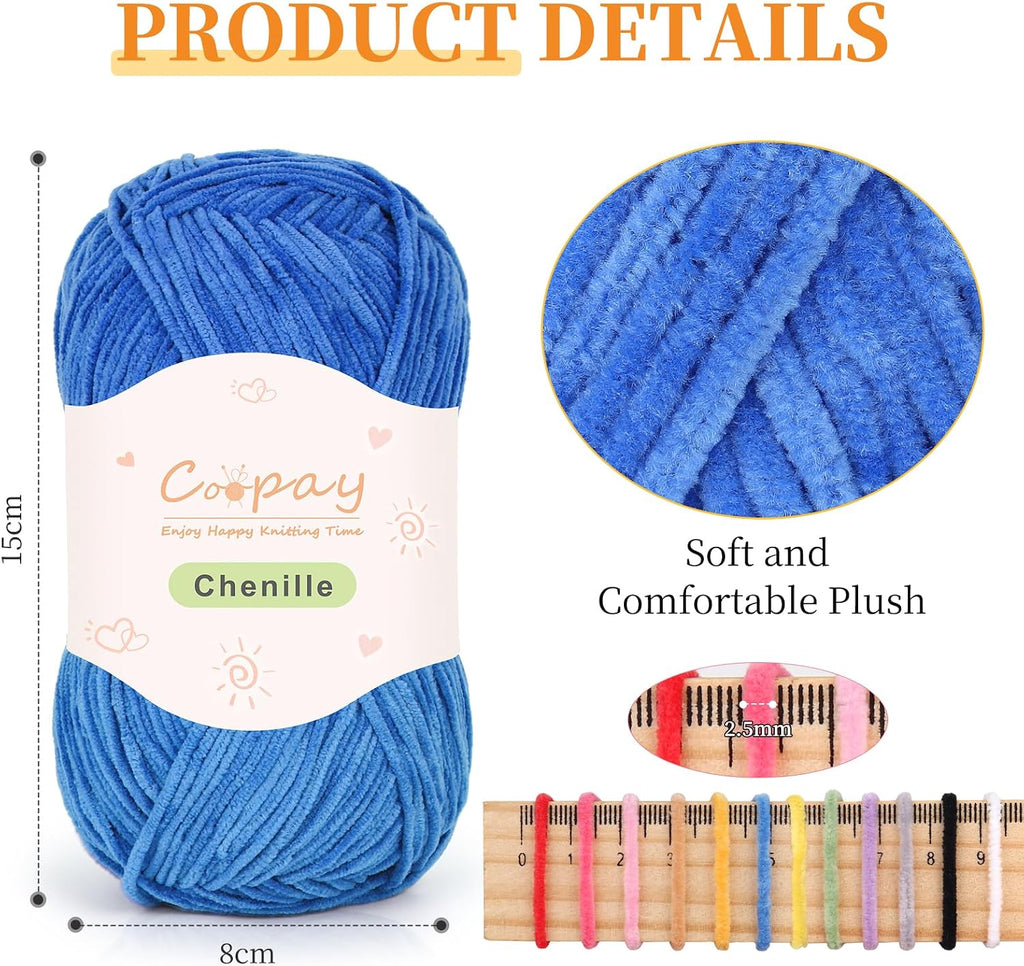 Coopay Skinny Chenille Yarn for Crocheting, Soft Crochet Yarn, Blue