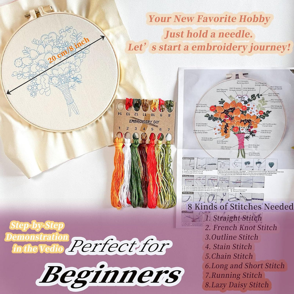 FONNUY Bouquet Flowers Embroidery Kit Love Mom for Beginners