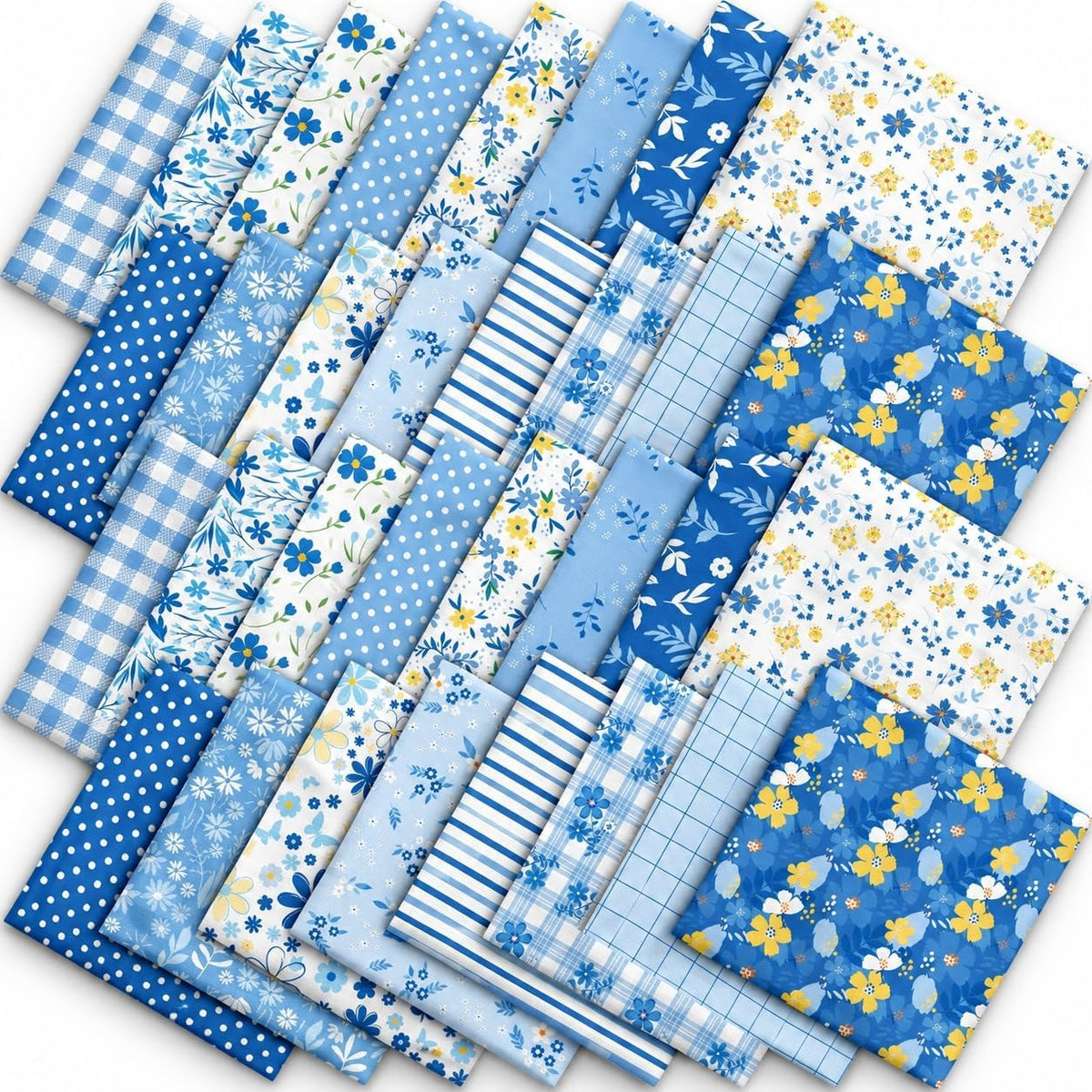 Whaline 32 Pcs Blue Floral Cotton Fabric Bundles Dot Plaid Flower