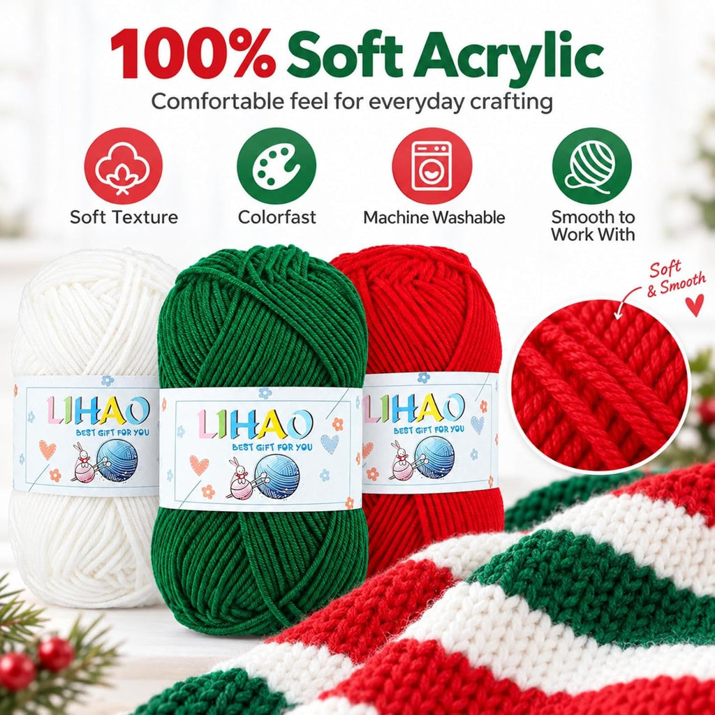 LIHAO Christmas Yarn for Crochet and Knitting, 6 Skeins, Red, Green