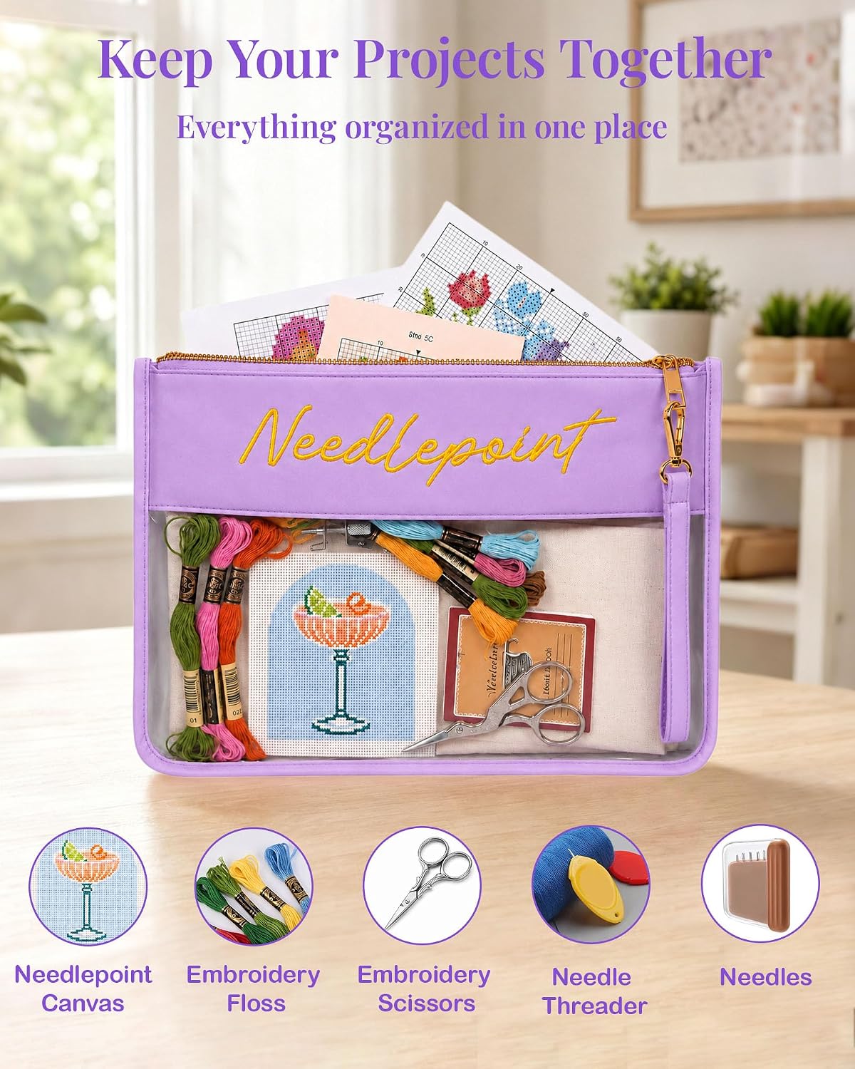 Needlepoint Project Bag, Nylon PVC Needlepoint Kit Organizer with