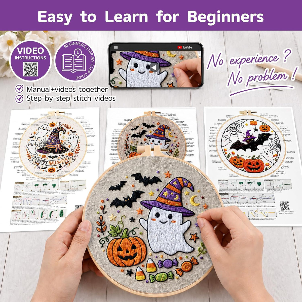 Halloween Embroidery Kit for Beginners with Pumpkin Ghost