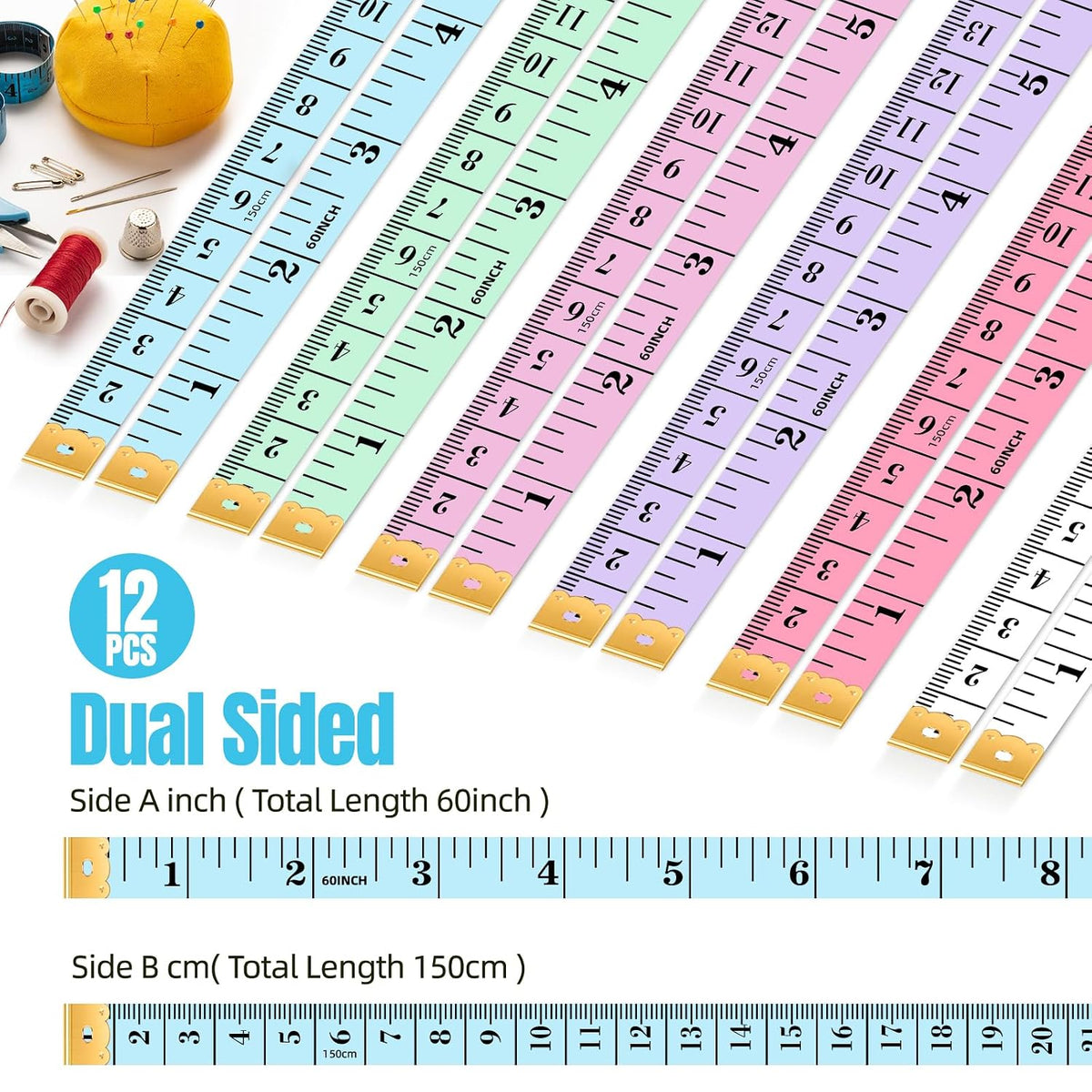 12 Pack Soft Tape Measure for Sewing, 6 Colors (2 Each) 60"/150cm Dual