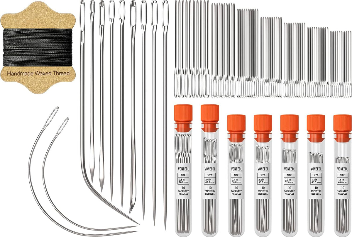 Waxed Sewing Thread (Black Color), Heavy Duty Needles (11 PCS), Large