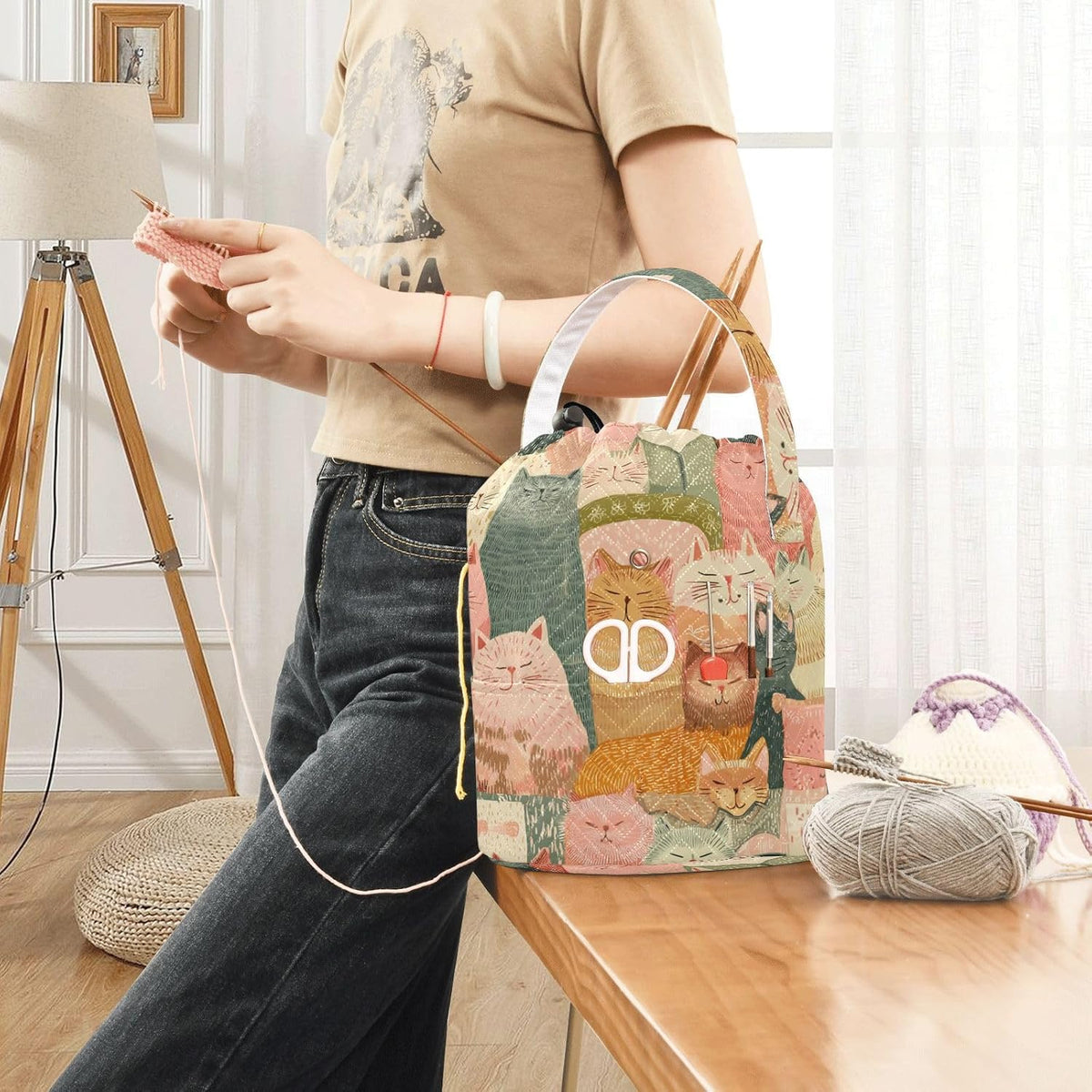 Orange Pink Cat Yarn Bag Small Crochet Bag Drawstring Yarn Storage