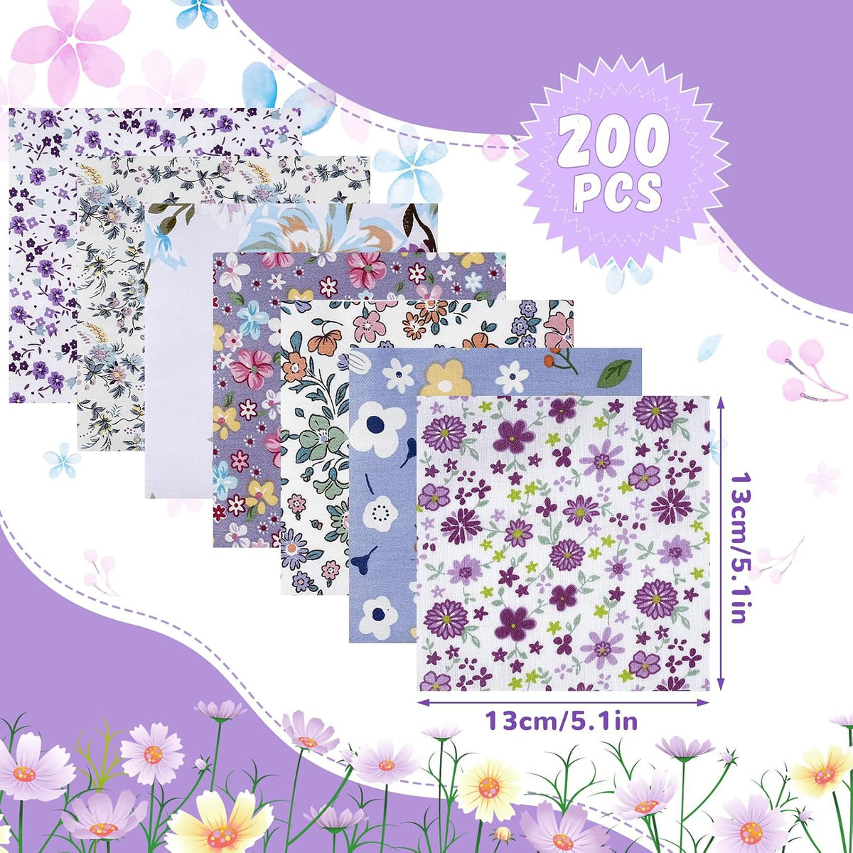 200Pcs Quilting Fabric Squares 5 x 5 Inch (13 x 13cm) Fat Quarters