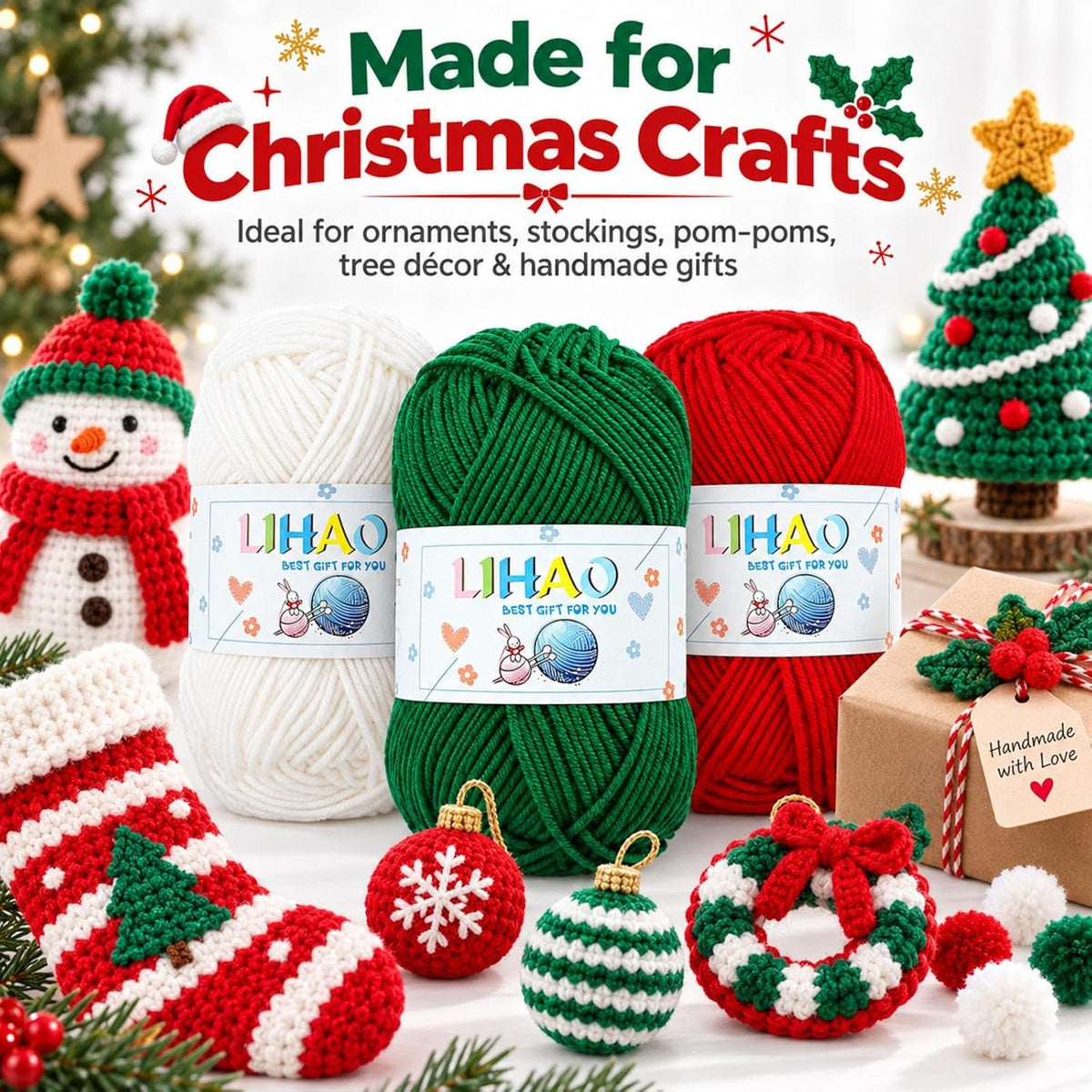 LIHAO Christmas Yarn for Crochet and Knitting, 6 Skeins, Red, Green