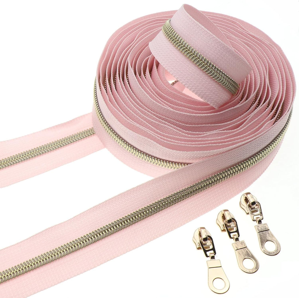 Leekayer #5 Nylon Zippers Bulk 5 Yards Light Gold Teeth Zipper Pink