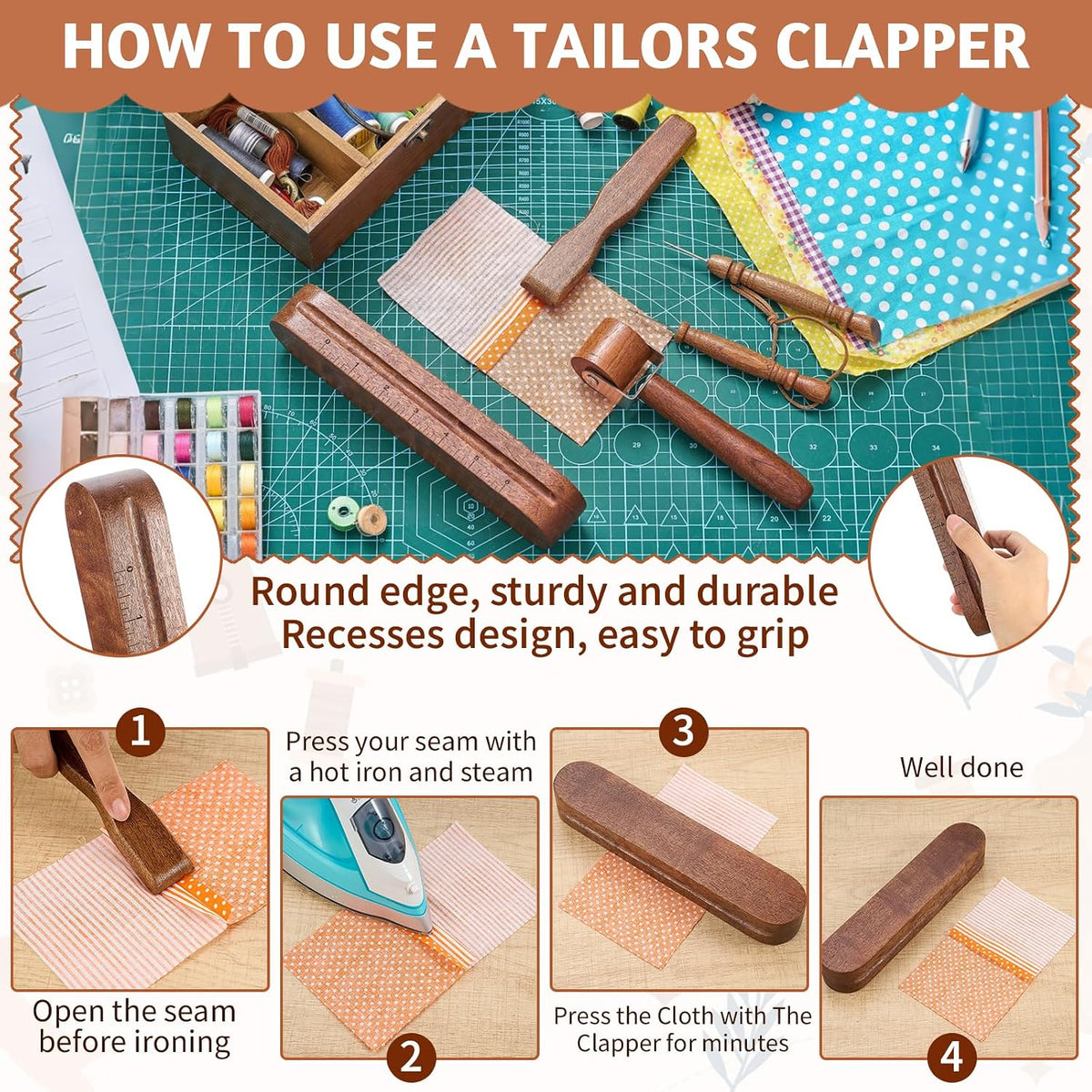 AceOrbit 5 Pcs Wooden Clapper Sewing Quilting Tool Set, Complete Set