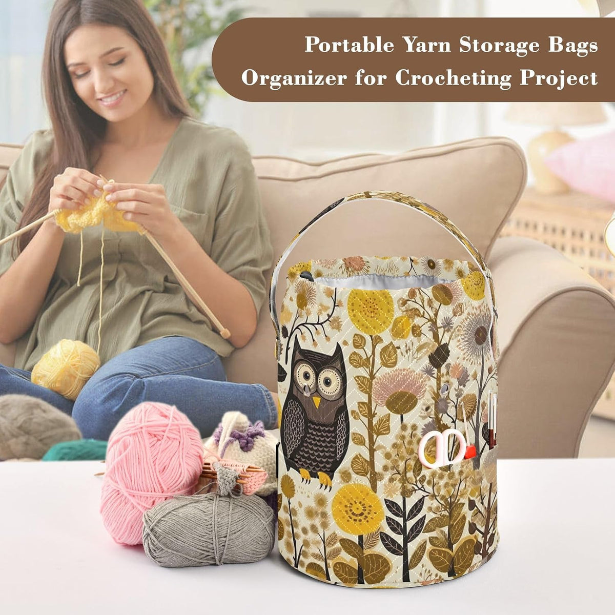 YETTASBIN Flower Owl Yarn Storage Bag, Large Crochet Knitting Bag