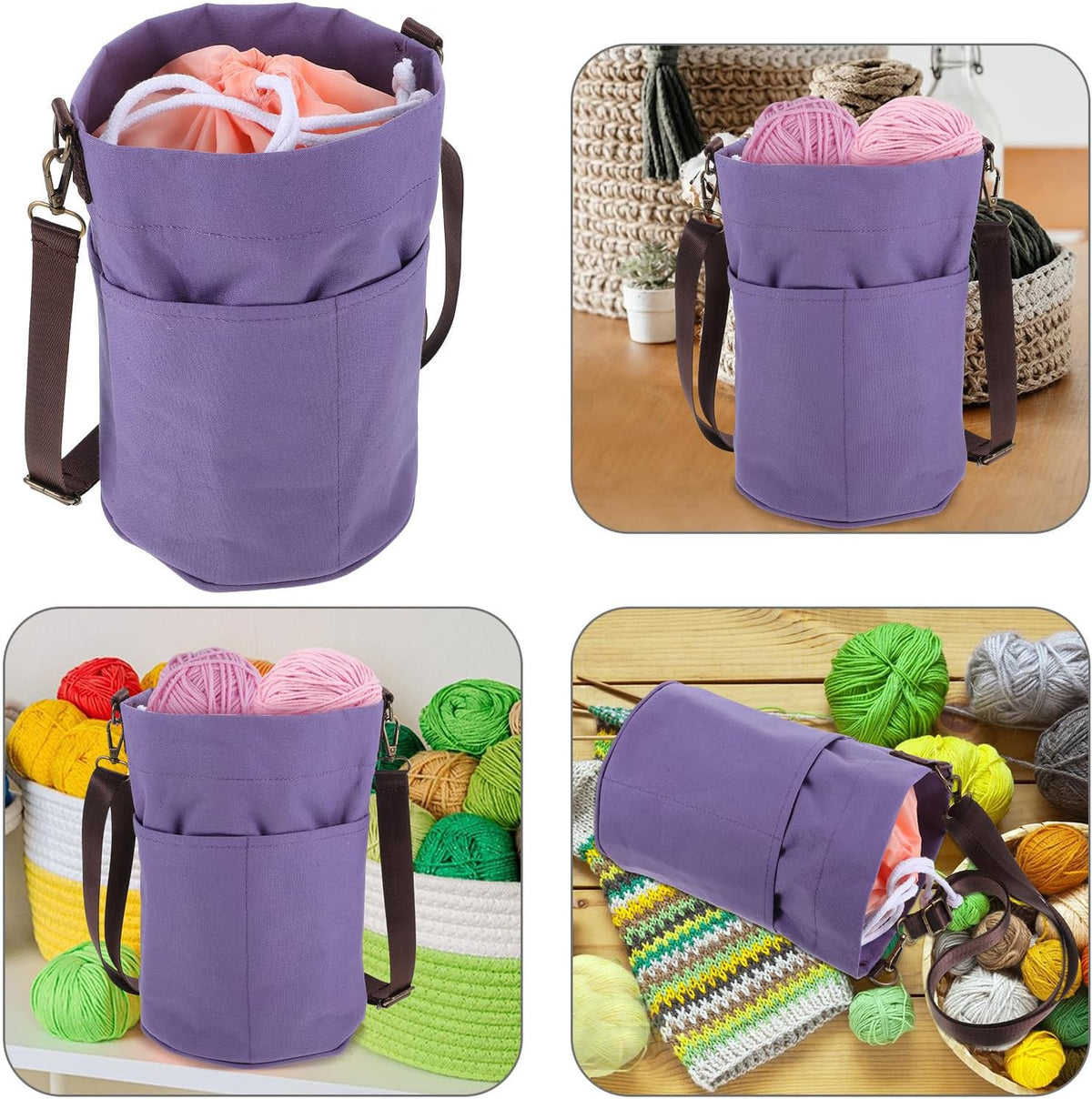 Canvas Crochet Yarn Holder Bag and Shoulder Strap with Drawstring