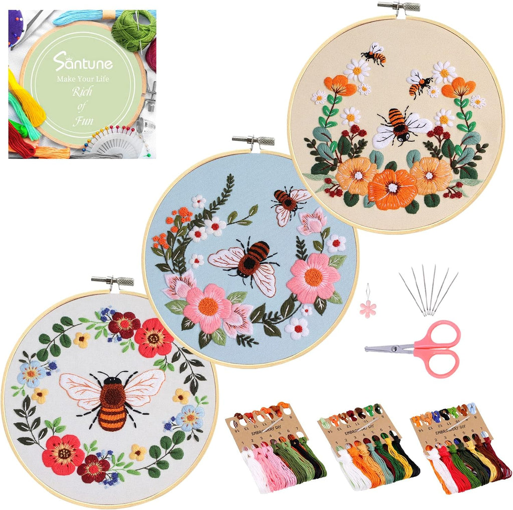 Santune 3 Pack Bee Embroidery Kit for Beginners Adult Cross Stitch