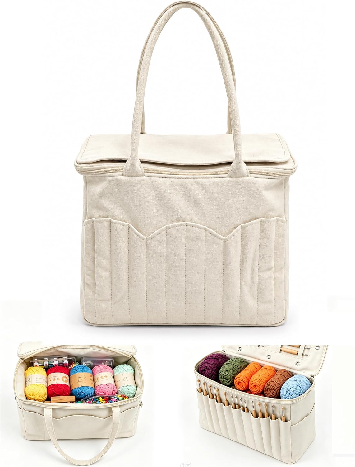 Crochet Bag Organizer for Yarn, Canvas Tote, White, Women Crocheters