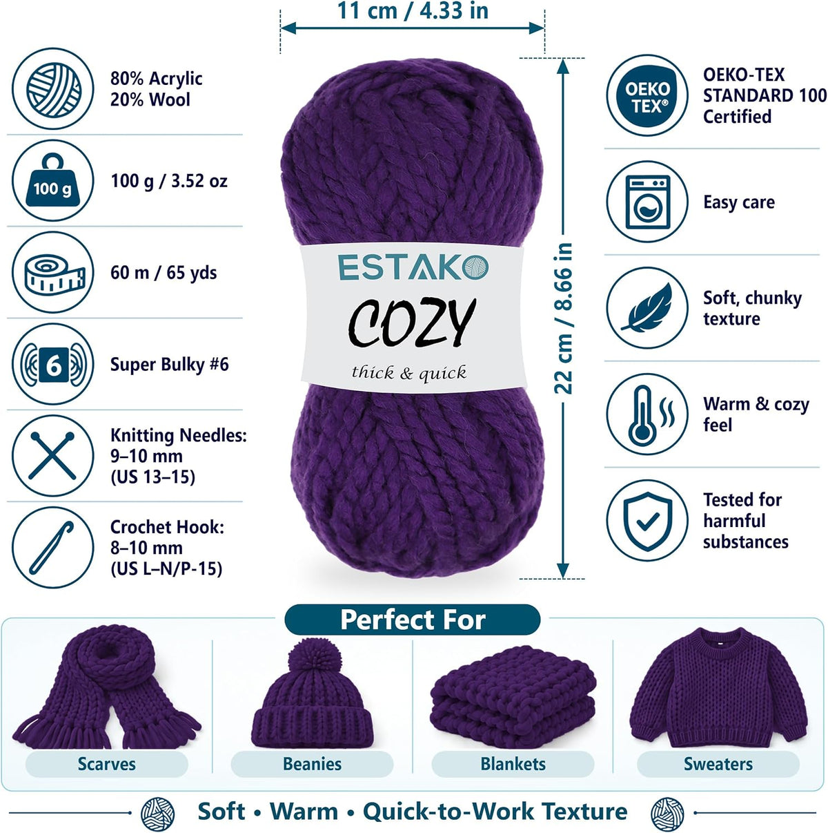 Estako Cozy Thick & Quick Yarn, 20% Wool 80% Acrylic, Super Bulky