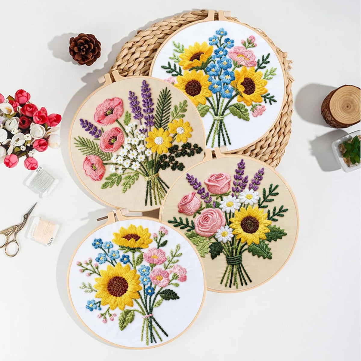 ORIGACH 6 Pack Flower Bouquet Embroidery Kit for Beginner