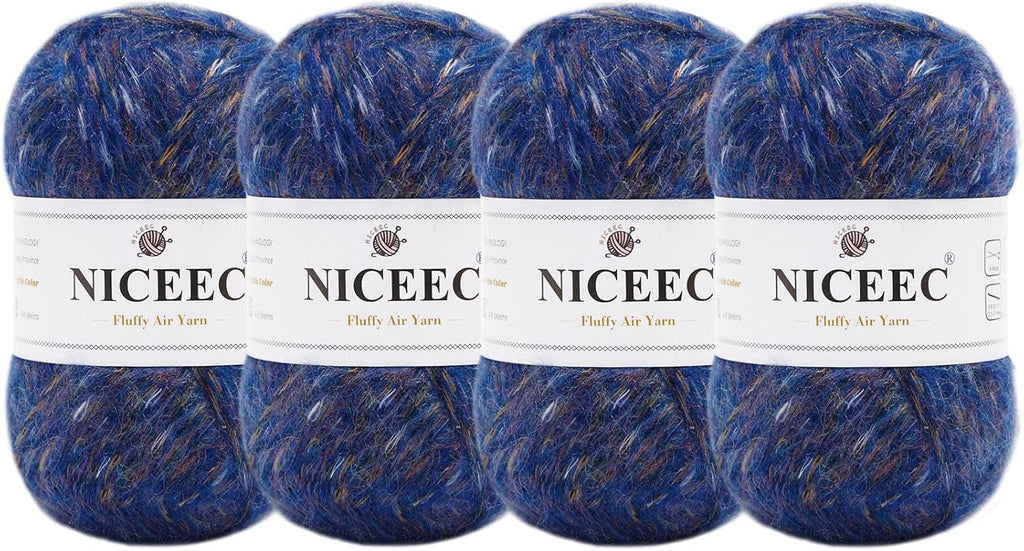NICEEC 4 Skeins Fluffy Wool-Acrylic Blend Yarn 7.05oz/610yds- Blue