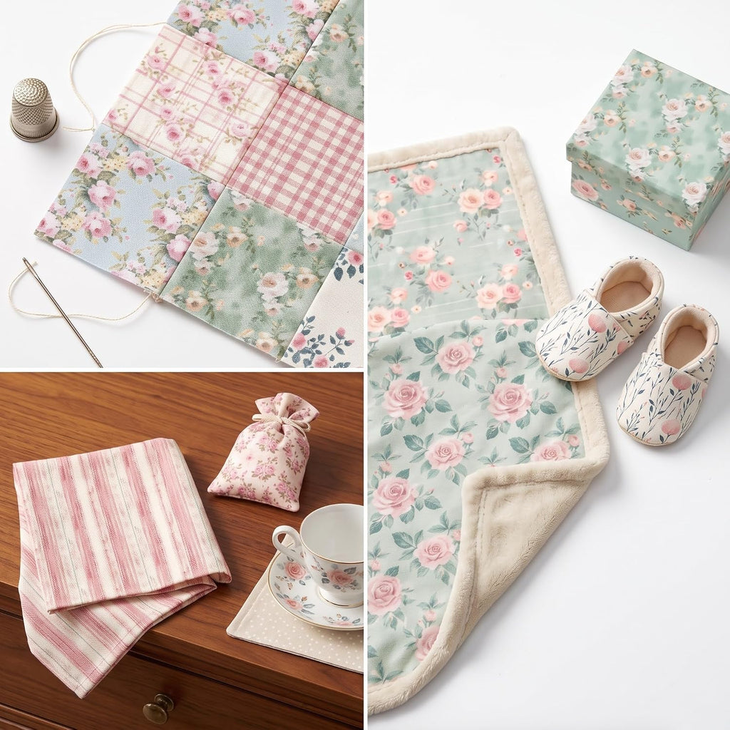 HunnmingRe 20 Pcs 10''x10'' Pink and Green Floral Quilting Fabric