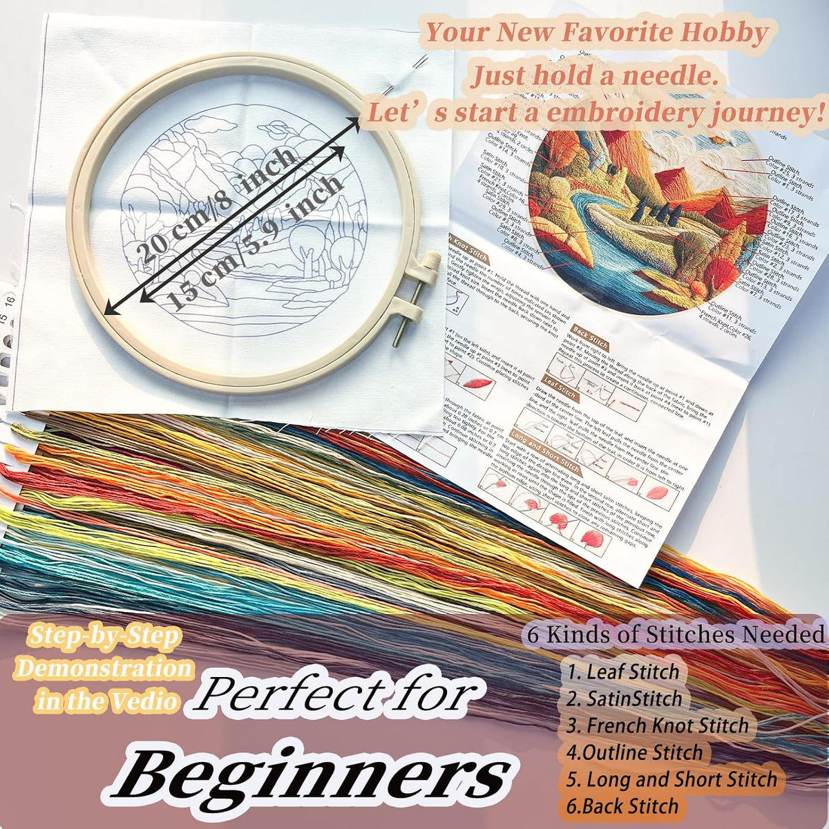 FONNUY Embroidery Kit for Beginners, Brightly Colored Landscape Lake