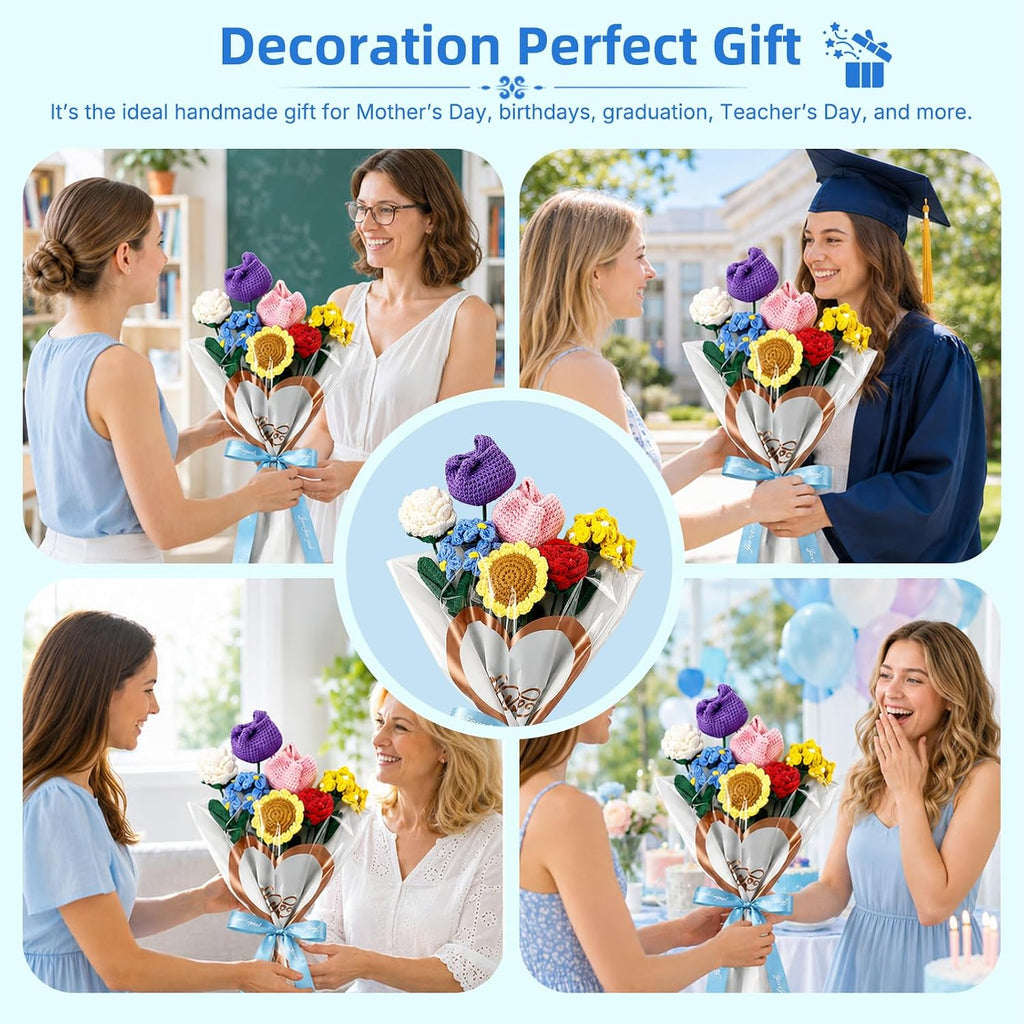 Yilurthyn Crochet Kit DIY Handmade Flower Rose Tulip Sunflower 7pcs